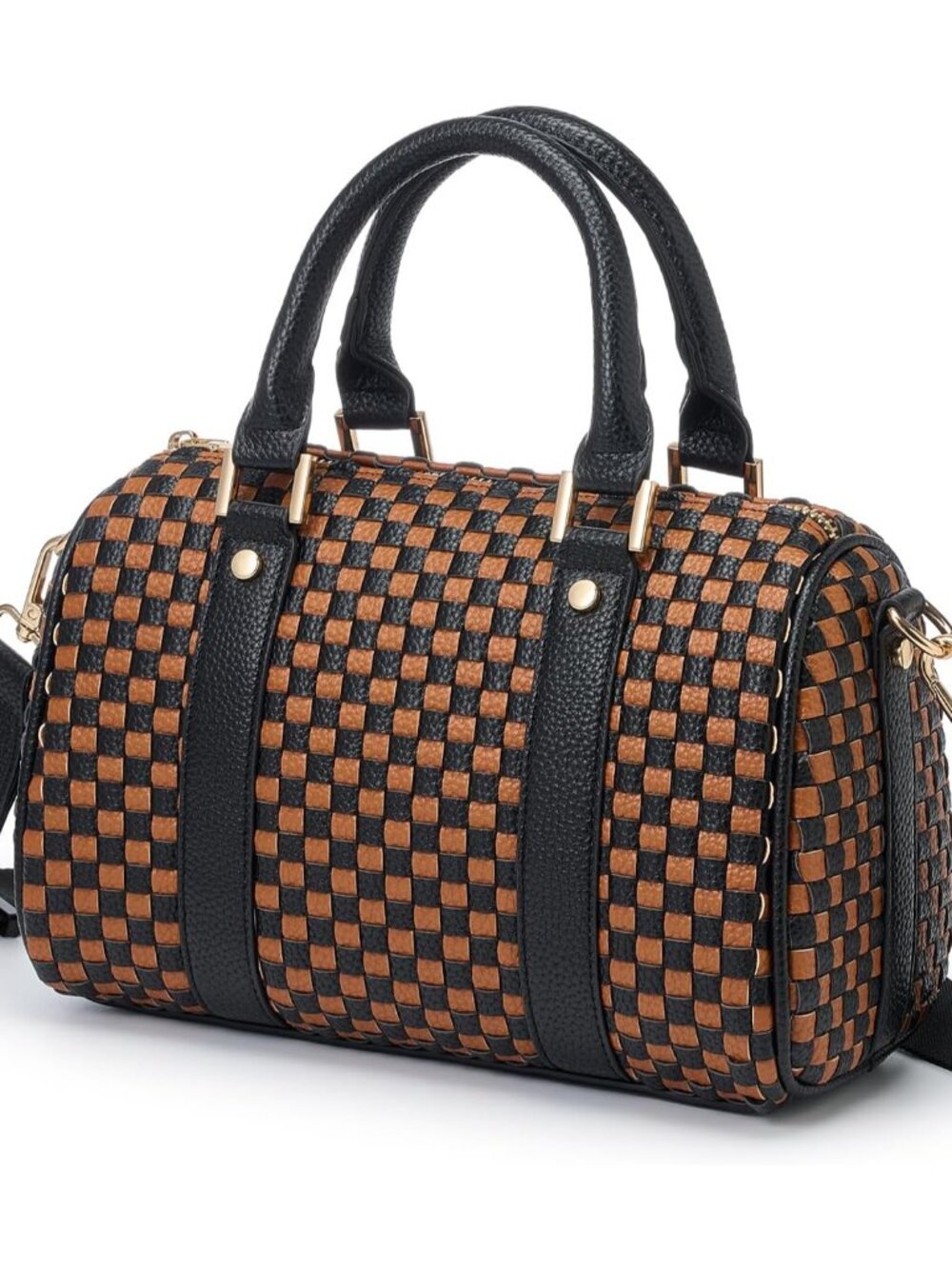 Checkered Woven Crossbody Bags For Women, Vegan leather Top Handbag Barrel Satch